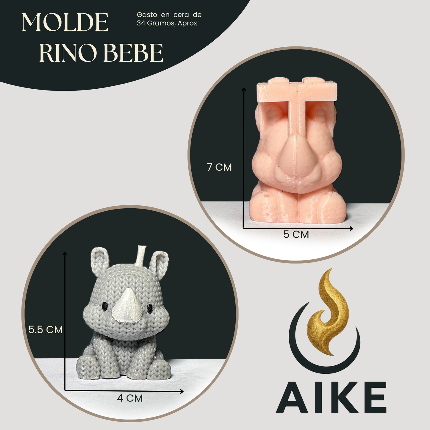 Molde Rino Bebé para Velas | Molde Rinoceronte Infantil en Silicona