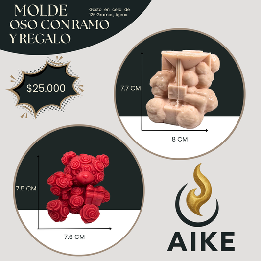 Molde Oso con Ramo de Rosas y Regalo para Velas | Molde de Silicona Decorativo 3D