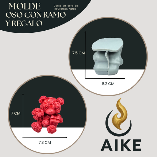 Molde Oso con Ramo de Rosas y Regalo para Velas | Molde de Silicona Decorativo 3D