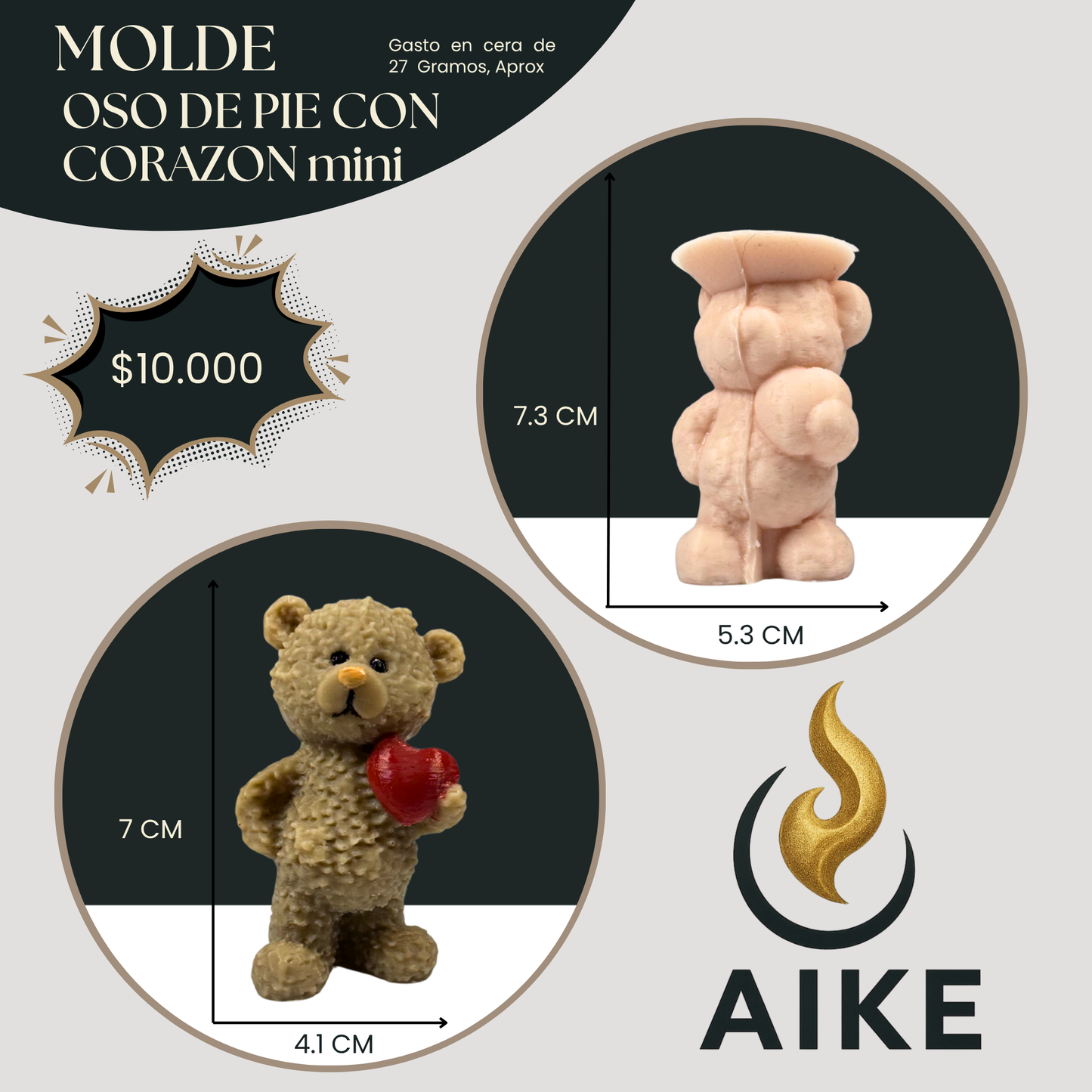 Molde Oso de Pie con Corazón Mini para Velas Artesanales y Aromáticas | Molde de Silicona 3D Decorativo