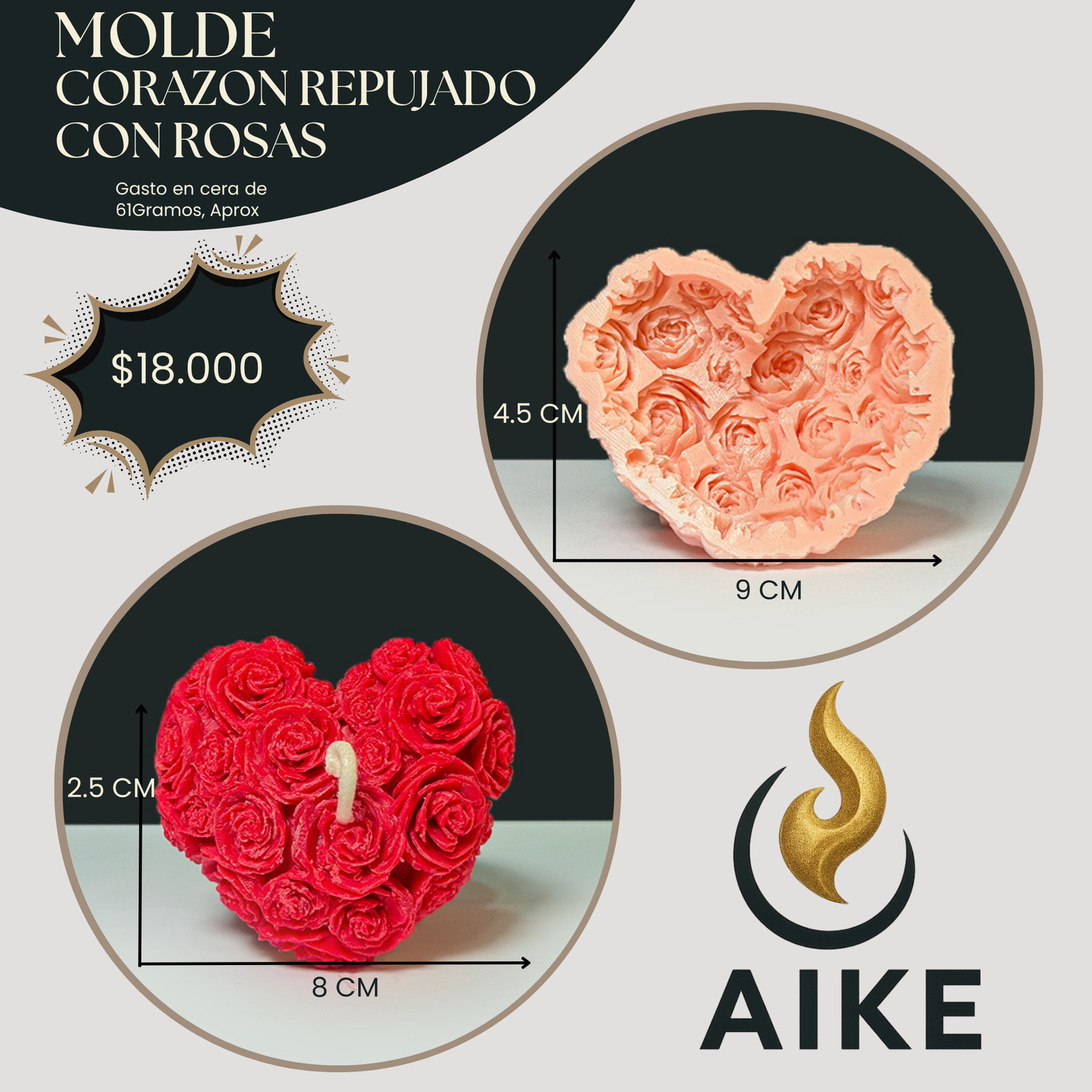 Molde Corazón con Rosas para Velas Artesanales y Aromáticas | Molde de Silicona 3D Decorativo