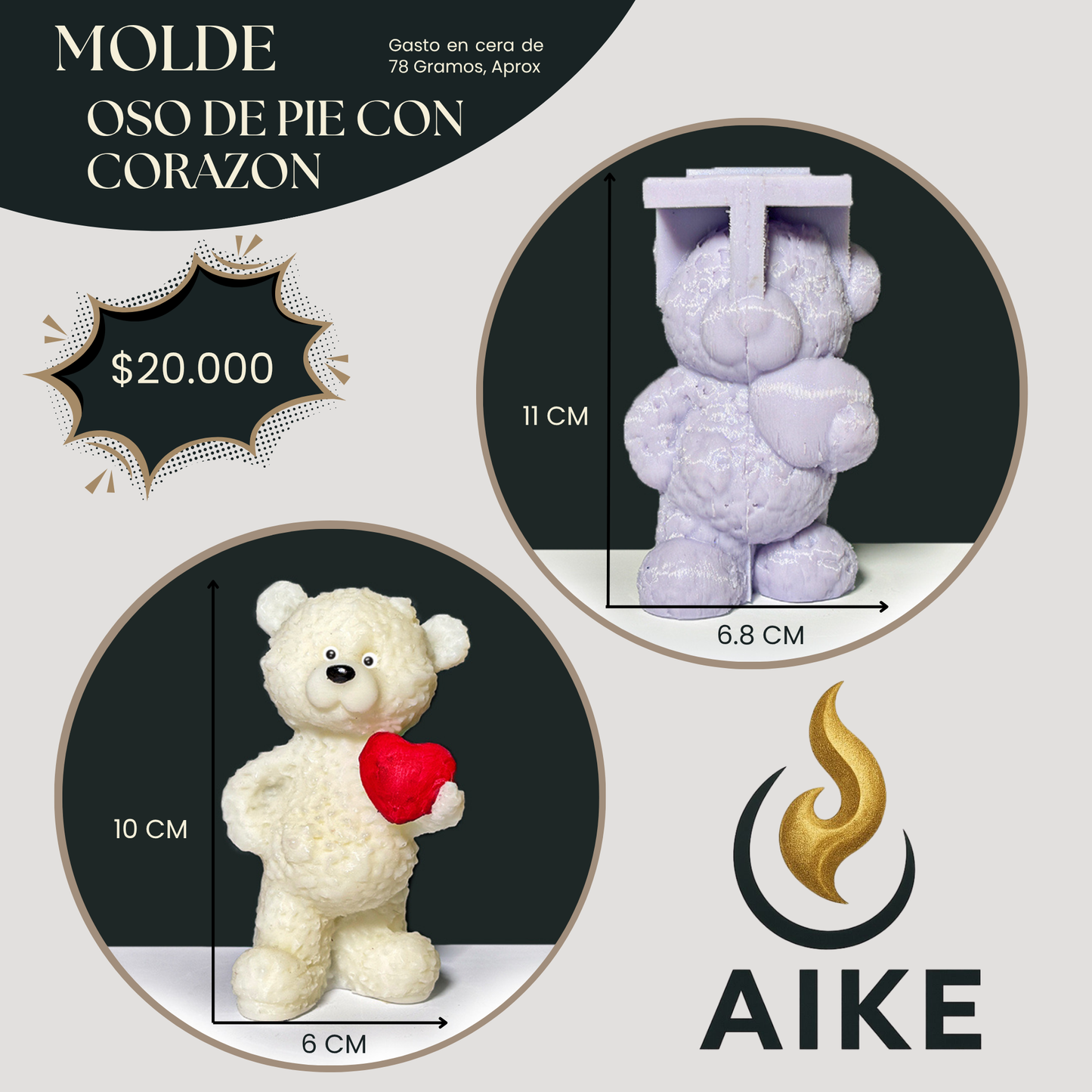 Molde Oso de Pie con Corazón para Velas Artesanales y Aromáticas | Molde de Silicona 3D Decorativo